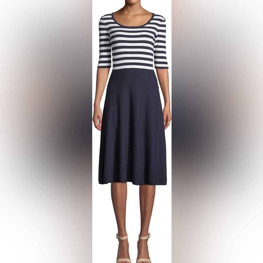 Milly Striped Bodice Fit and Flare Dress Navy Blue White Half-Sleeve Small NEW